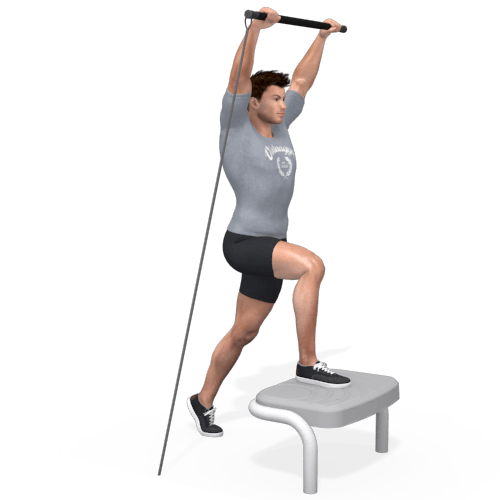 Pulley One Leg Step To Rotated Overhead Press Video Exercise Guide